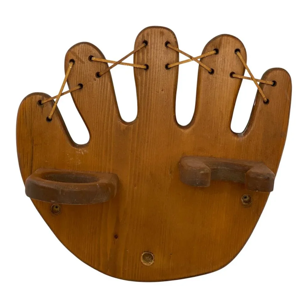 Vintage Wall Hanging Wooden Baseball Bat & Ball Display Rack Holder Mitt Glove